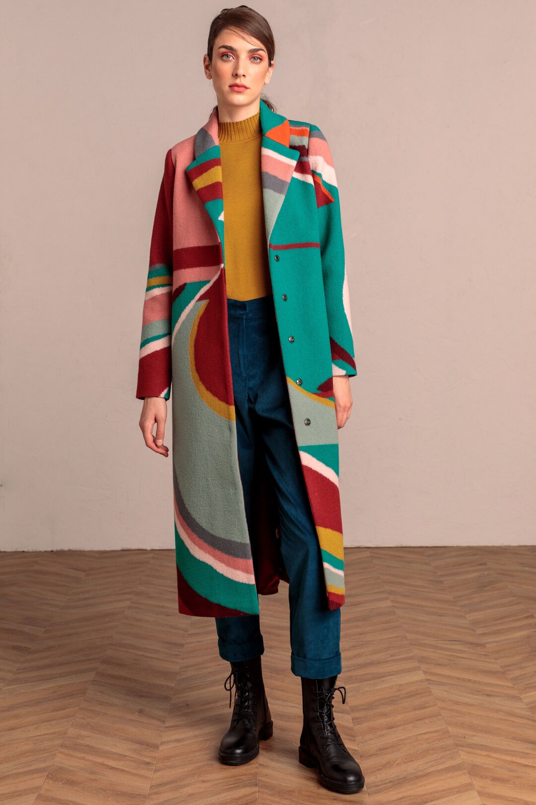 Boiled Wool Coat, Intarsia Pattern - Outerwear - Ivko Woman