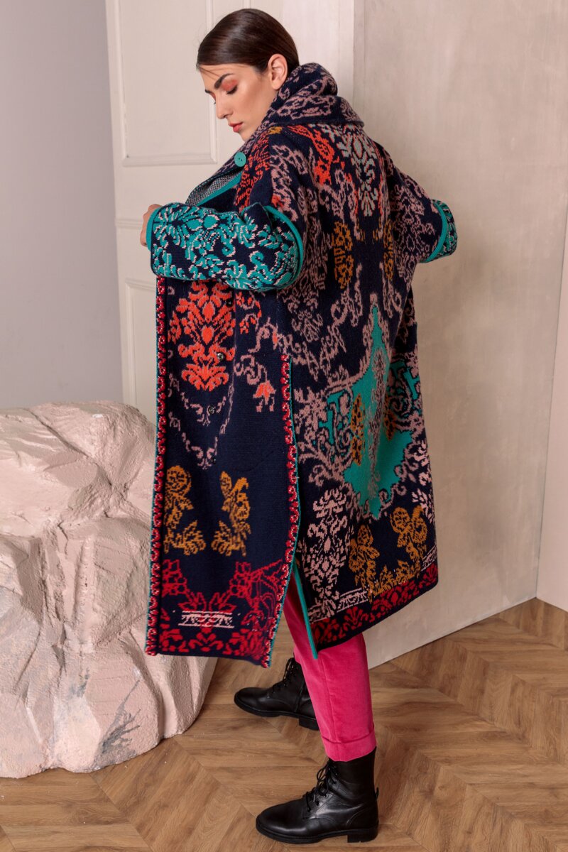 Coat, Brocade Floral Pattern - Navy - Outerwear - Ivko Woman