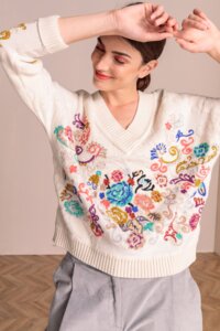 V-Neck Pullover, Floral Embroidery