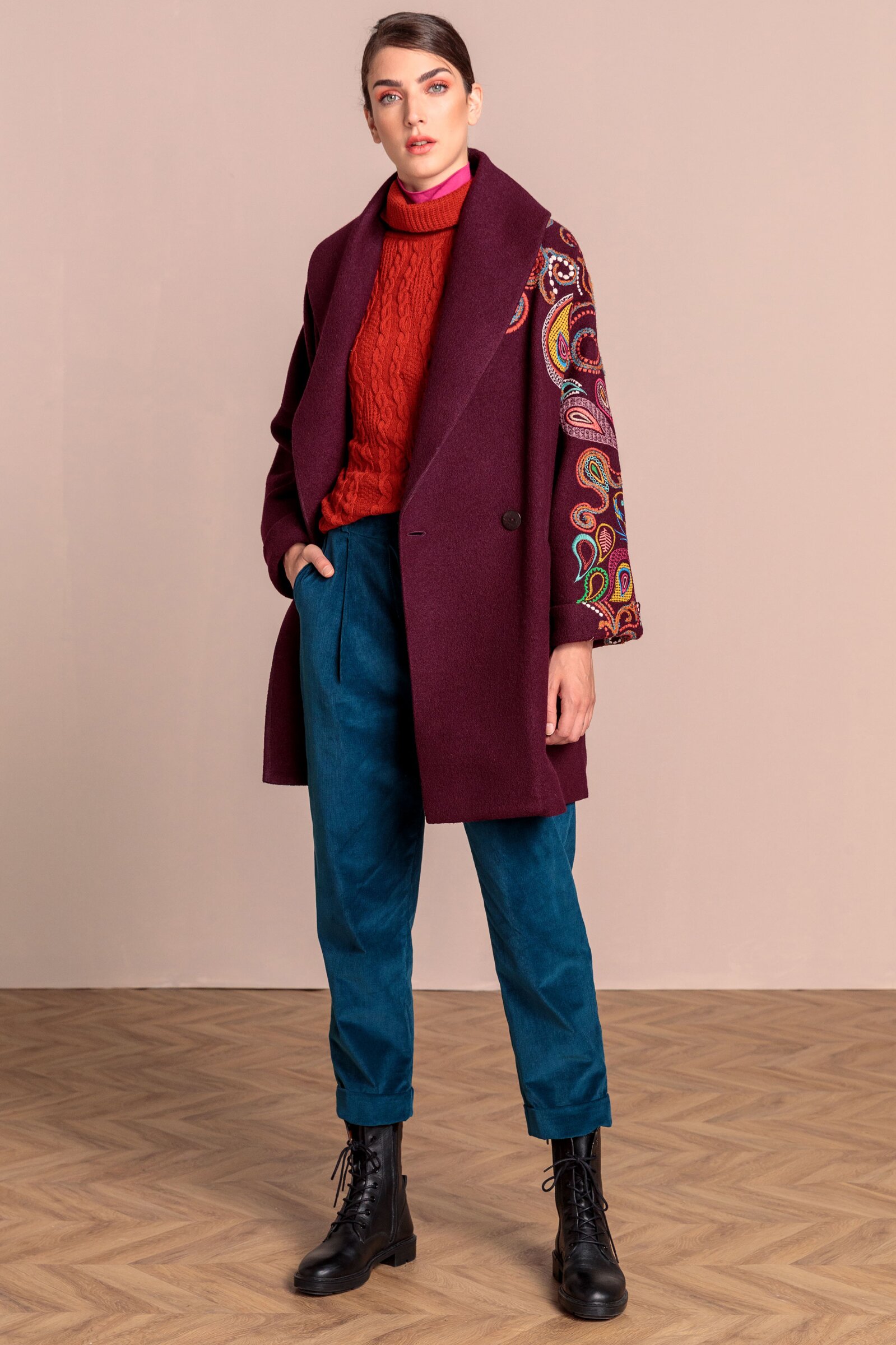 Boiled Wool Coat with Embroidery - Outerwear | Ivko Woman