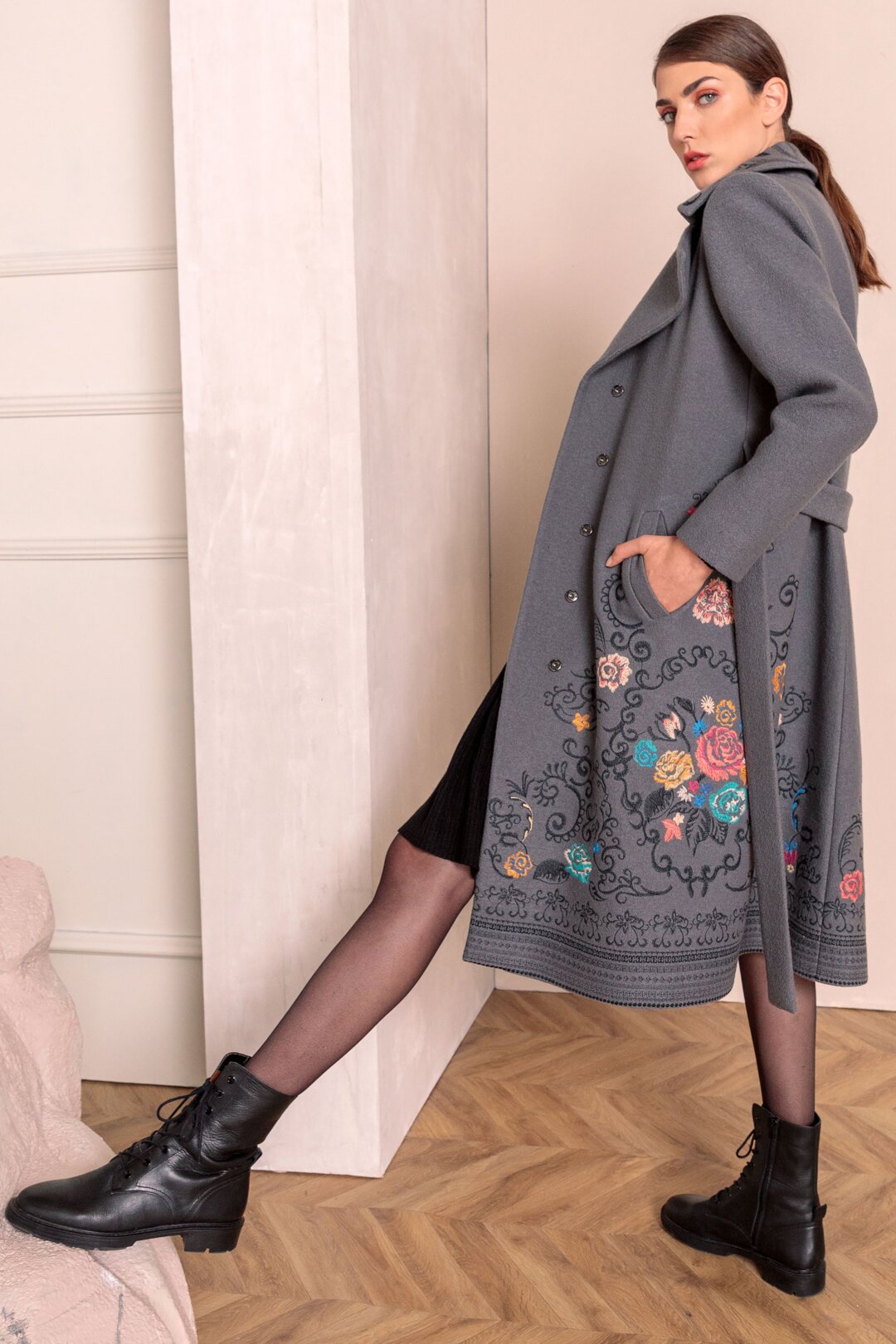 Boiled Wool Coat with Embroidery - Outerwear - Ivko Woman