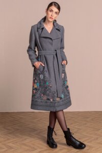 Boiled Wool Coat with Embroidery - Dark Grey - Outerwear