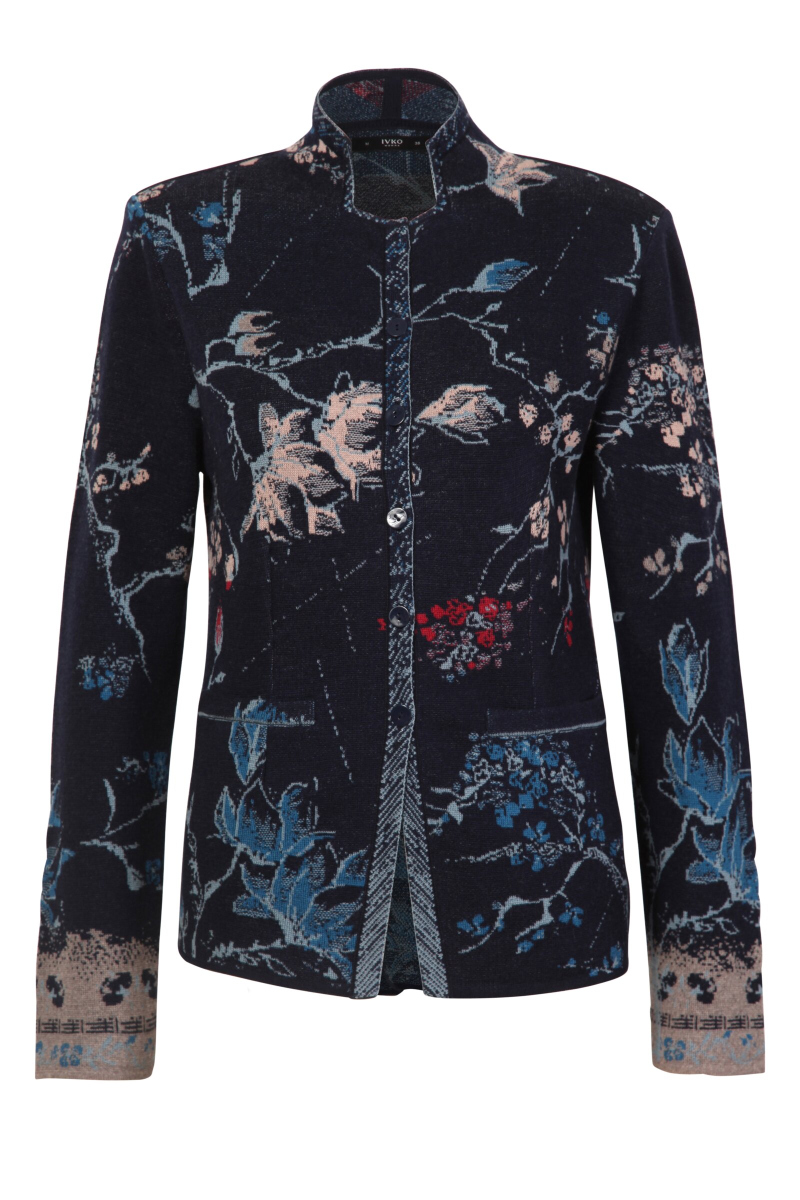 Jacquard Jacket, Cherry Blossom Pattern - Knitted Jackets - Ivko Woman
