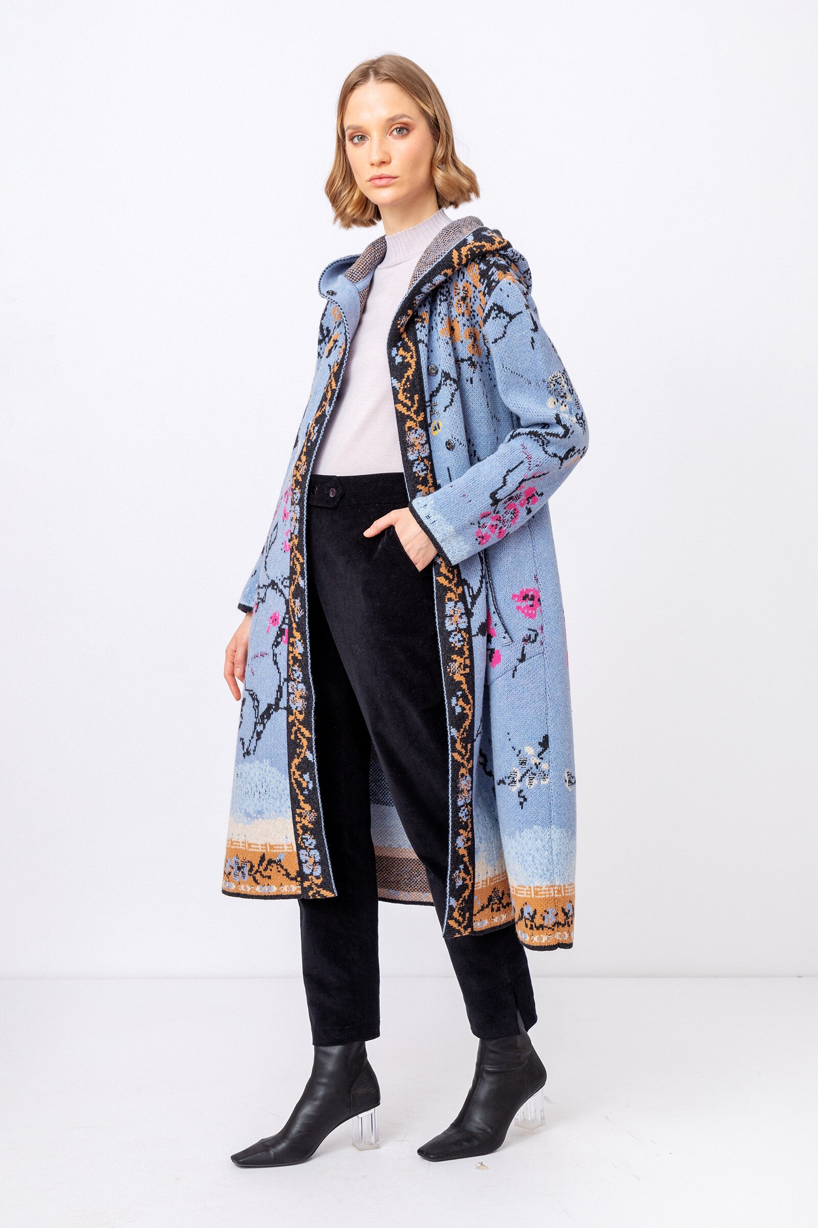 Long Coat, Cherry Blossom Pattern - Outerwear - Ivko Woman