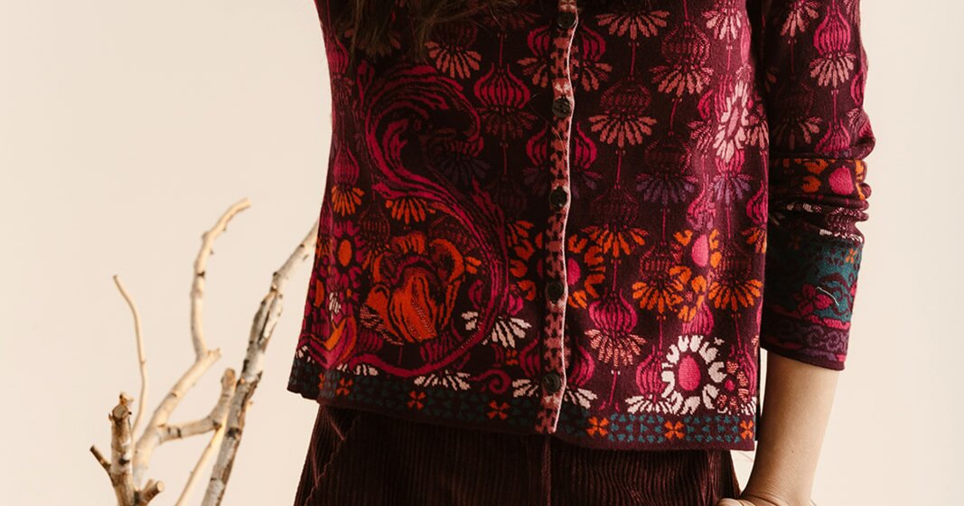 Jacquard Cardigan, Grasset Floral Pattern - Blackberry Jacquard Cardigan, Grasset Floral Pattern - Blackberry