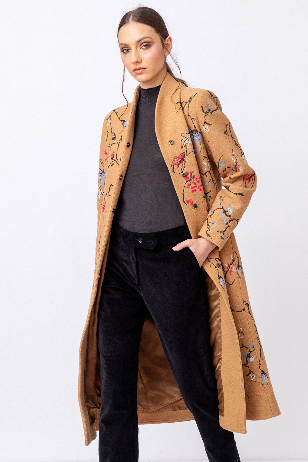 Boiled Wool Coat with Embroidery - Nougat - Outerwear - Ivko Woman
