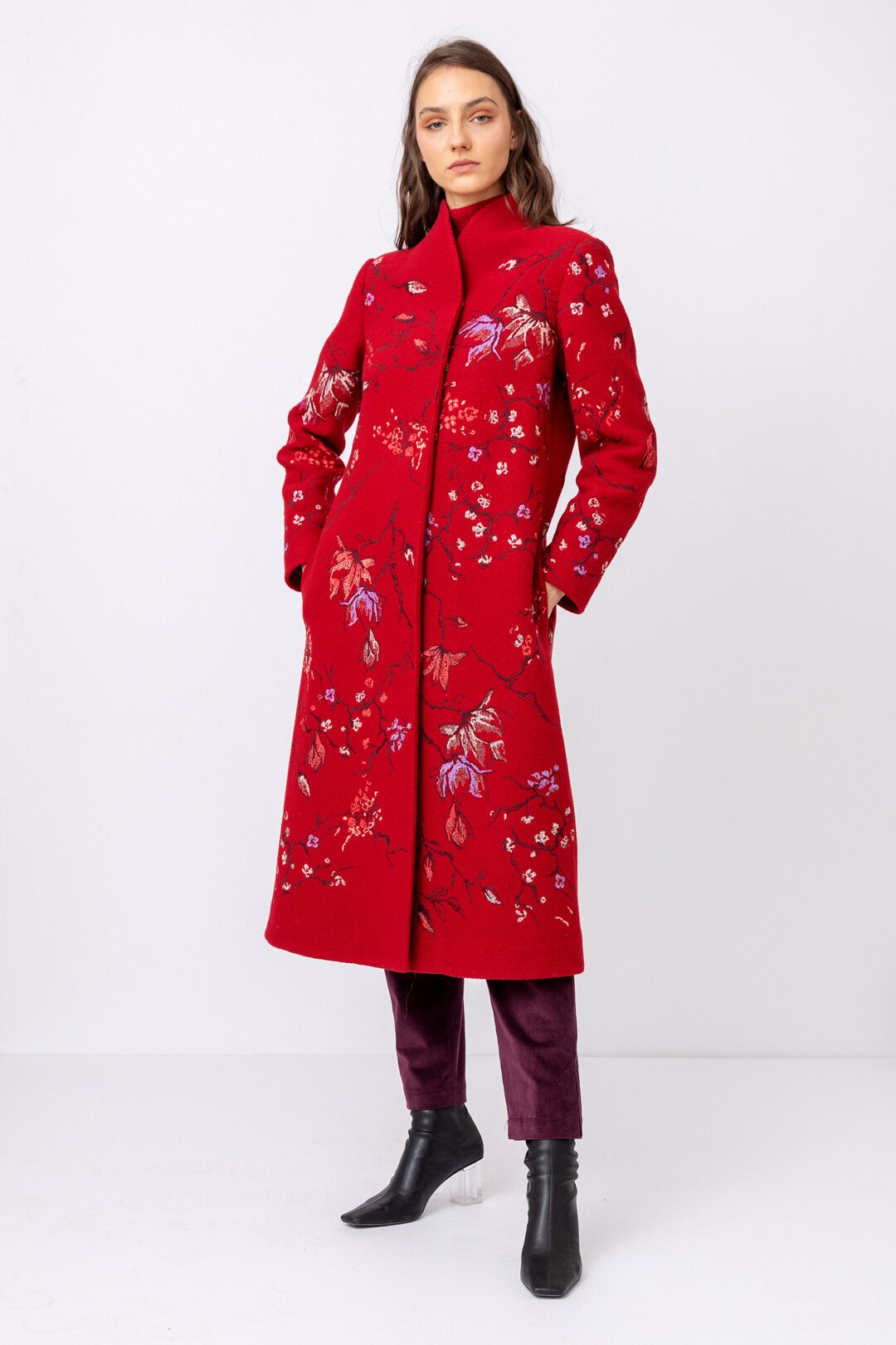 Boiled Wool Coat with Embroidery