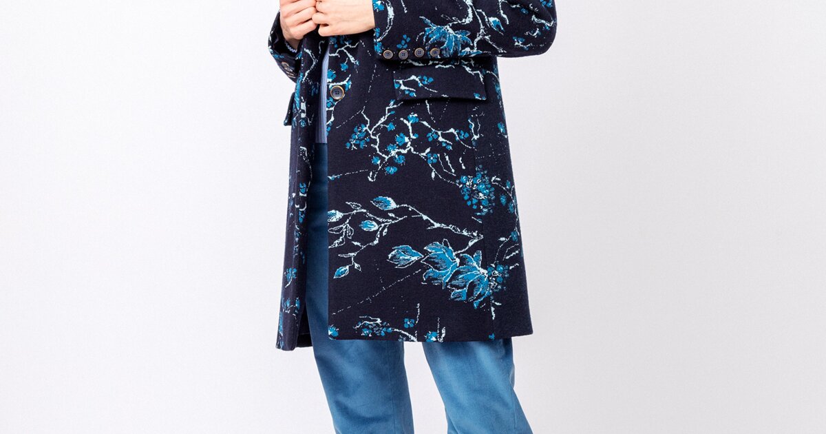 Boiled wool Coat with Intarsia - Navy - Outerwear - Ivko Woman