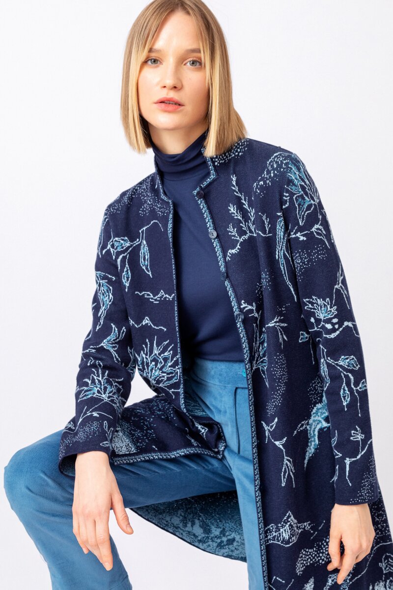 Coatigan, Indigo Pattern - Navy - Outerwear - Ivko Woman