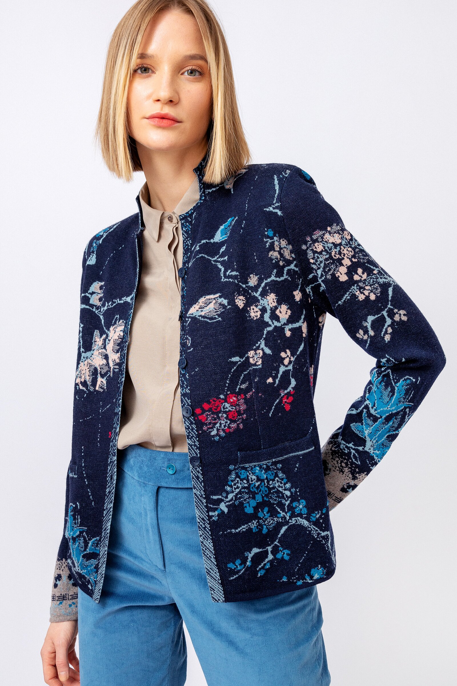 Jacquard Jacket, Cherry Blossom Pattern - Knitted Jackets - Ivko Woman