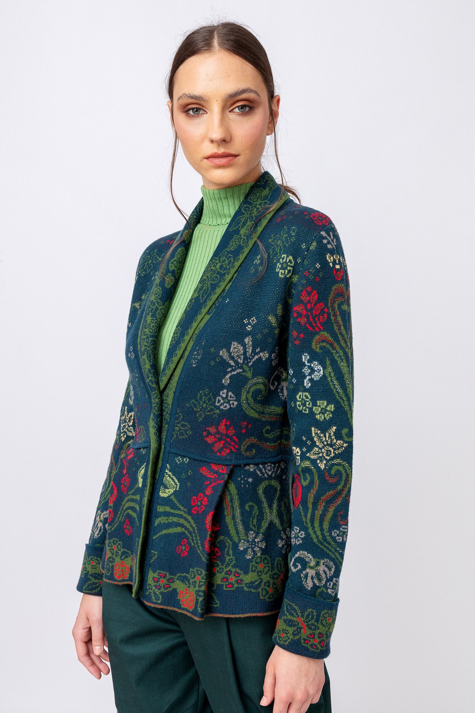 Shawl-Collar Jacket, Grasset Floral Pattern - Knitted Jackets | Ivko Woman