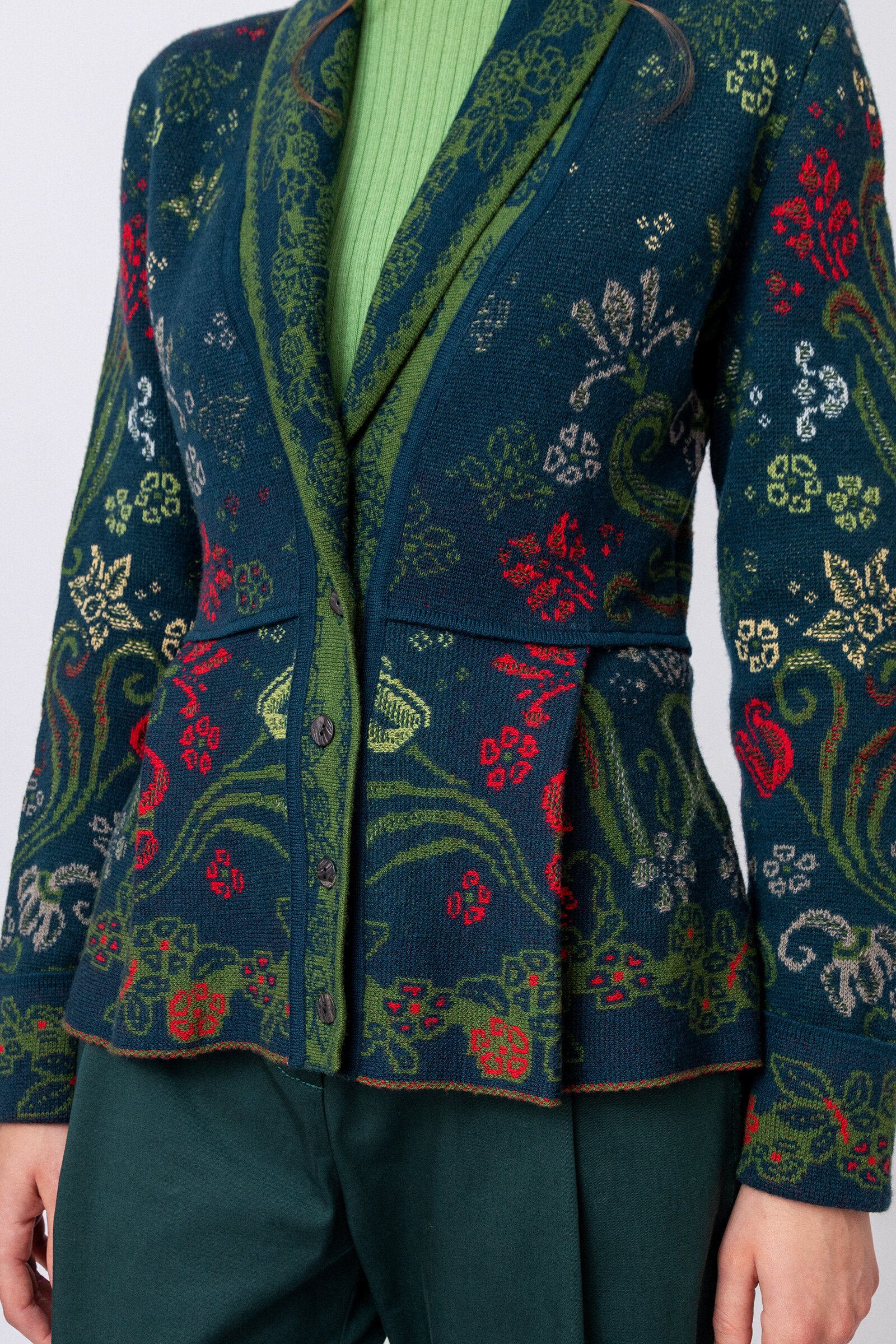 Shawl-Collar Jacket, Grasset Floral Pattern - Knitted Jackets | Ivko Woman