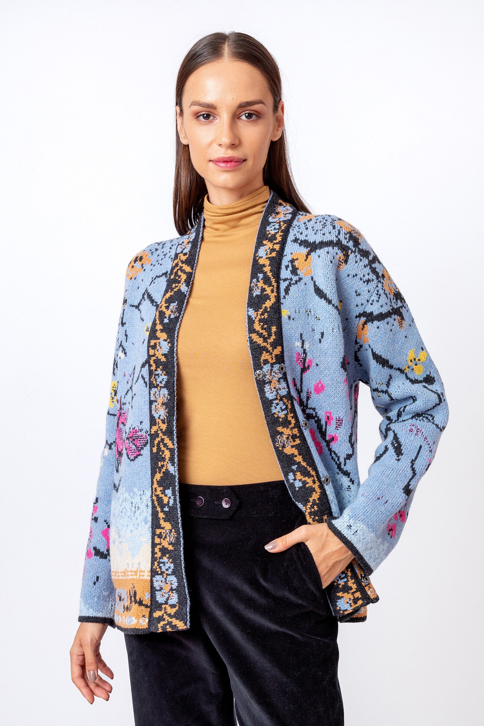 Jacquard Jacket, Cherry Blossom Pattern - Outerwear - Ivko Woman