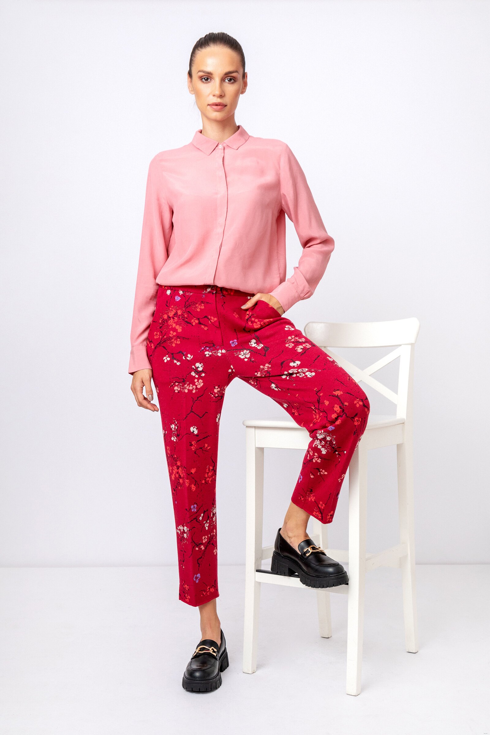 Jacquard Pants, Cherry Blossom Pattern - Pants - Ivko Woman