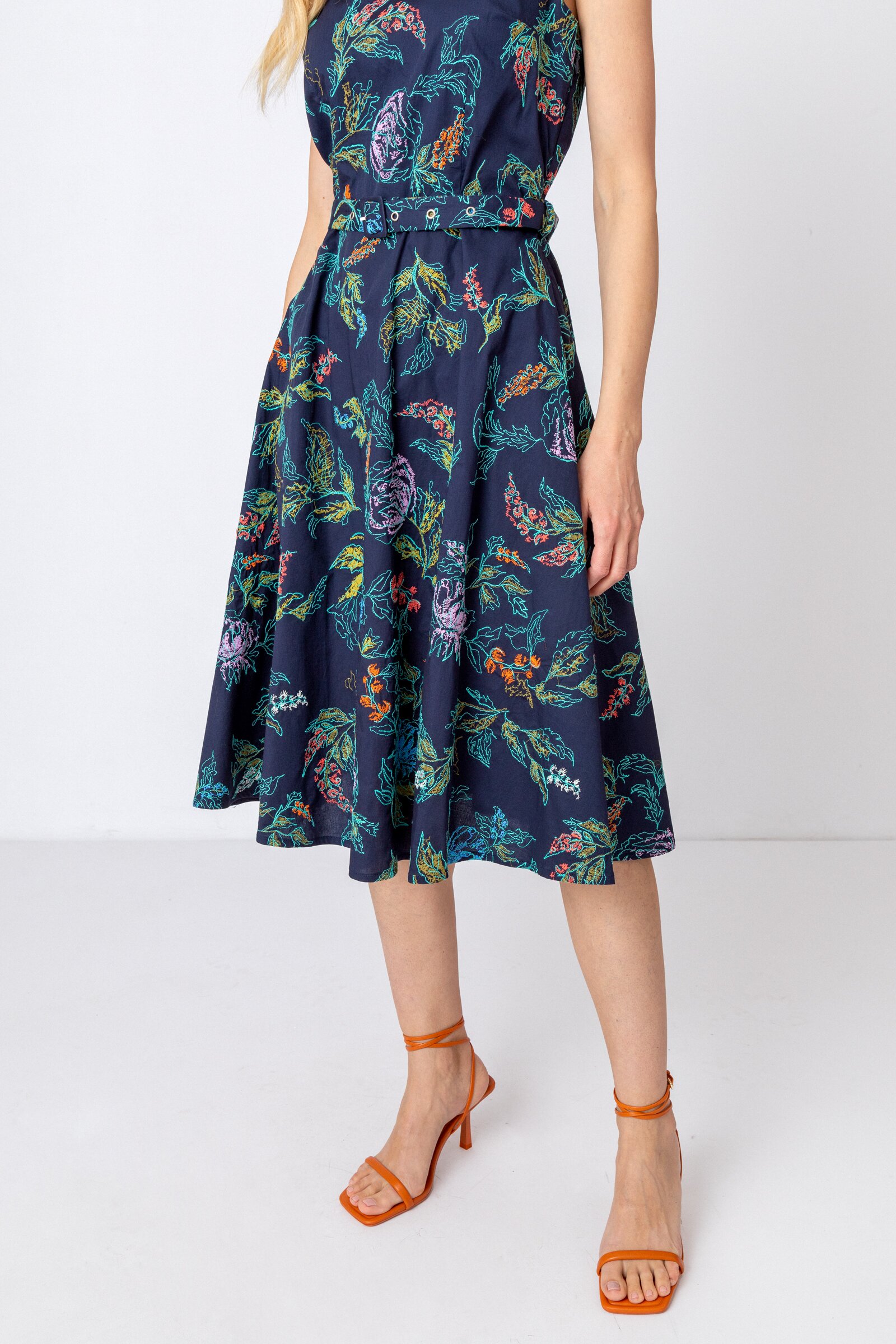 Embroidered Dress, Floral Motif - Dresses | Ivko Woman