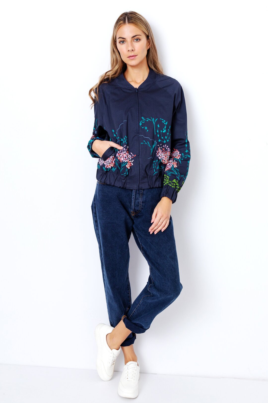 Bomber Jacket with Floral Embroidery