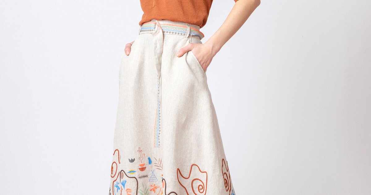 Embroidered Skirt, Nomad Motif - WhiteCoffee - Dresses and skirts