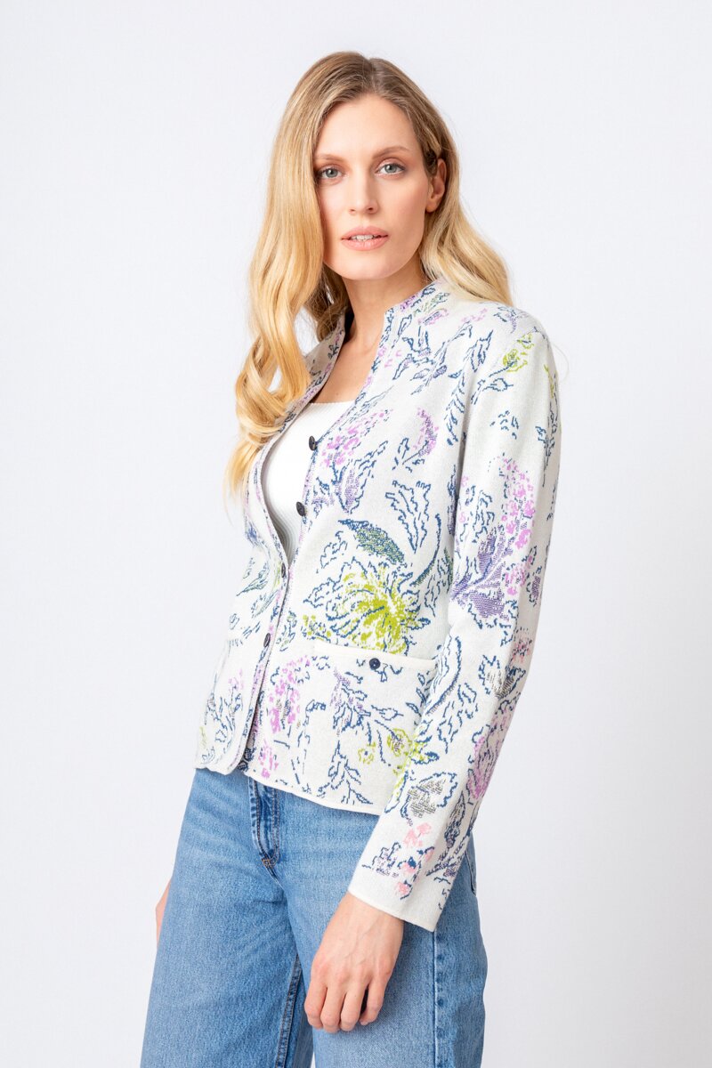 Jacquard Bomber Jacket, Floral Pattern - Knitted Jackets - Ivko Woman