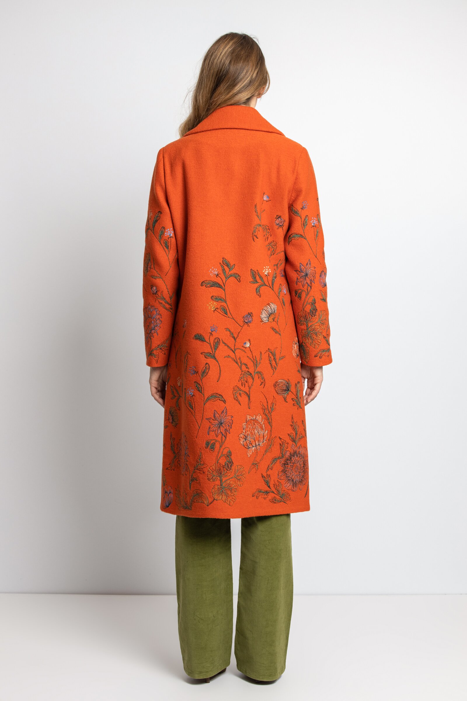 Boiled Wool Coat with Embroidery - Orange - Outerwear - Ivko Woman