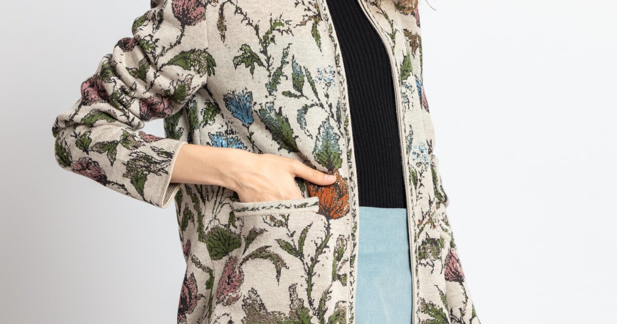 Jacquard Jacket, Floral Pattern - Off-White - Knitted