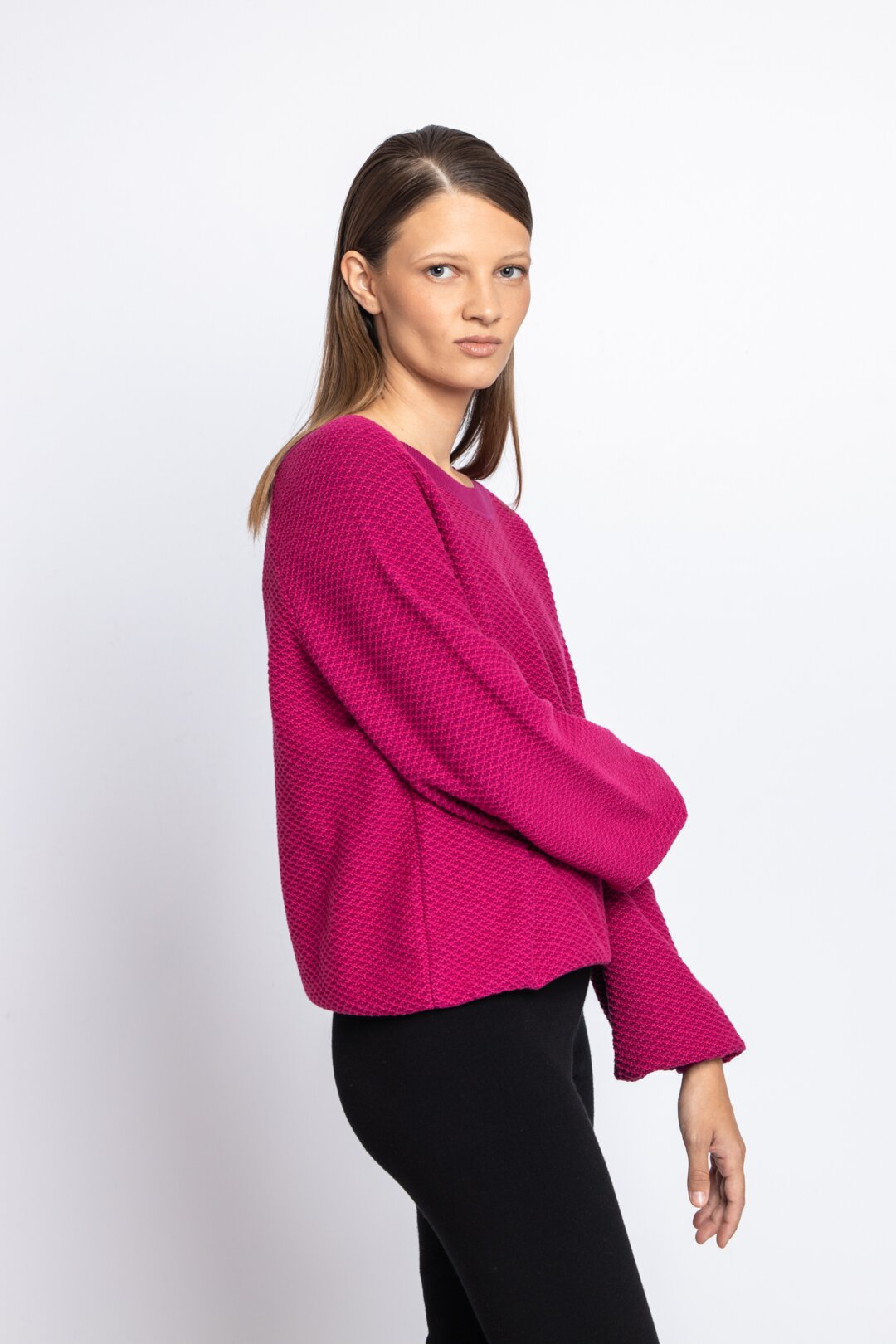 Solid O-Neck Pullover, Structure Pattern
