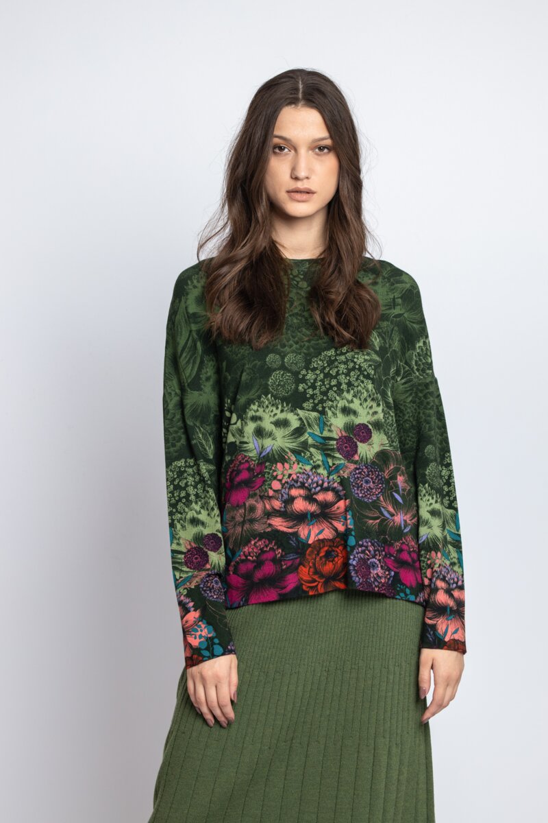 Jacquard Pullover, Floral Pattern - Forest - Pullovers - Ivko Woman