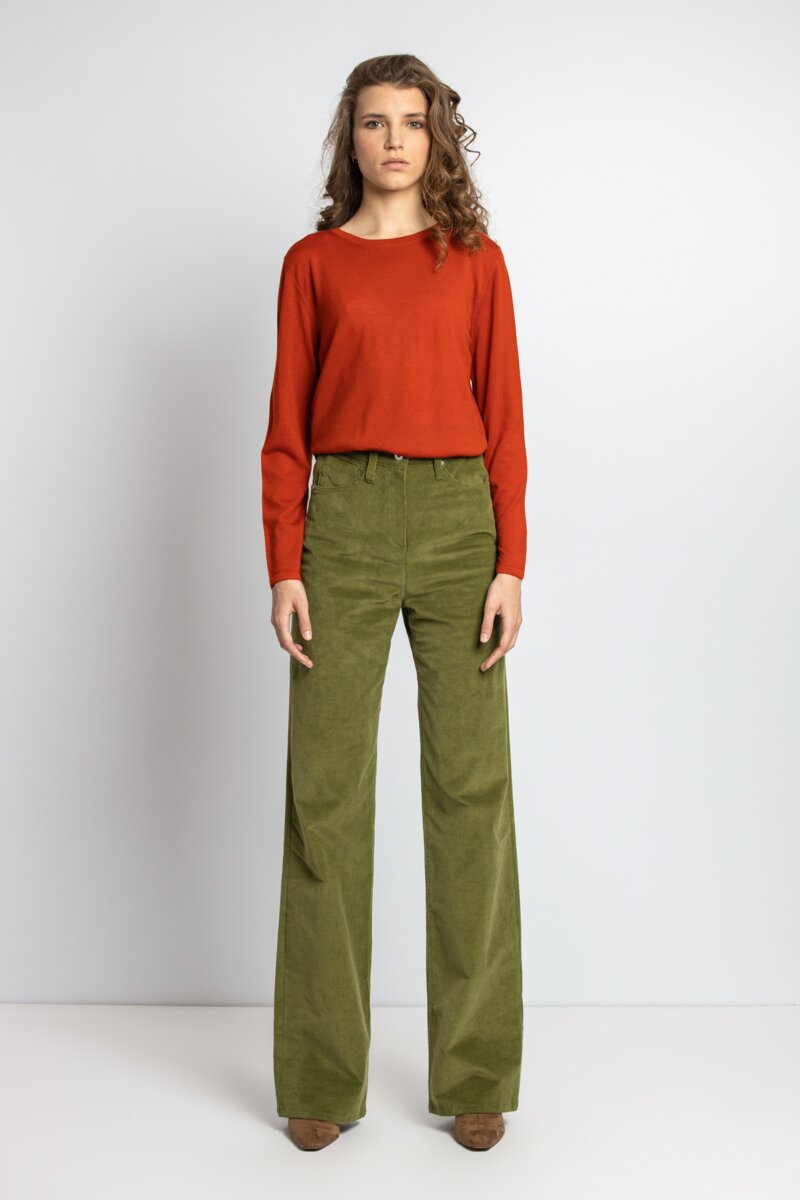 High-Waist, Corduroy Pants - Green - Pants - Ivko Woman