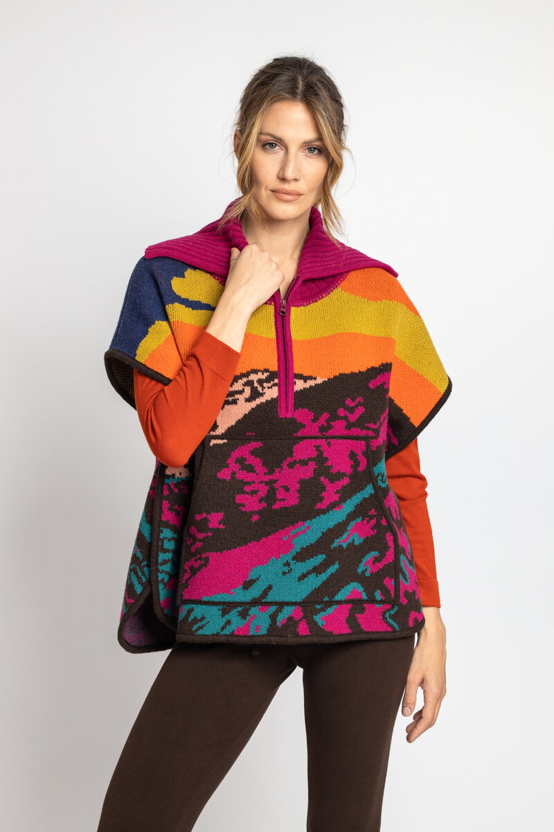 Poncho, Landscape Pattern - Brown - Pullovers - Ivko Woman