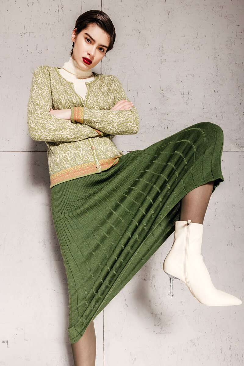 Jacquard Cardigan, Ornament Pattern - Green - Cardigans - Ivko Woman