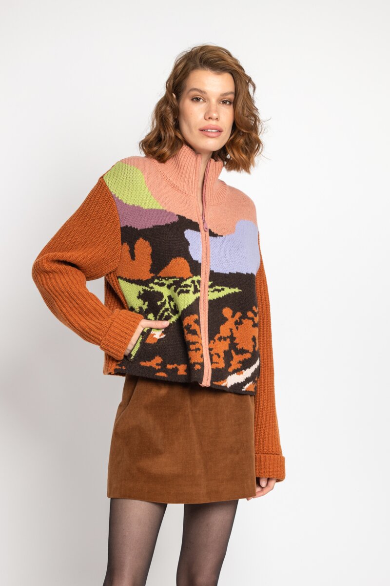 Jacquard Jacket, Landscape Pattern - Bronze - Knitted