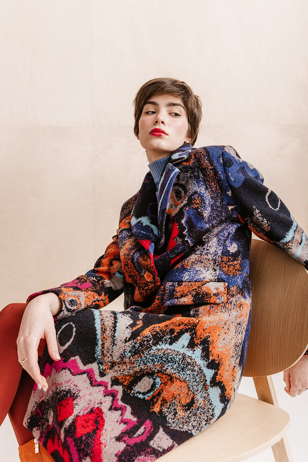 Boiled Wool Coat, Artistic Pattern - Outerwear - Ivko Woman