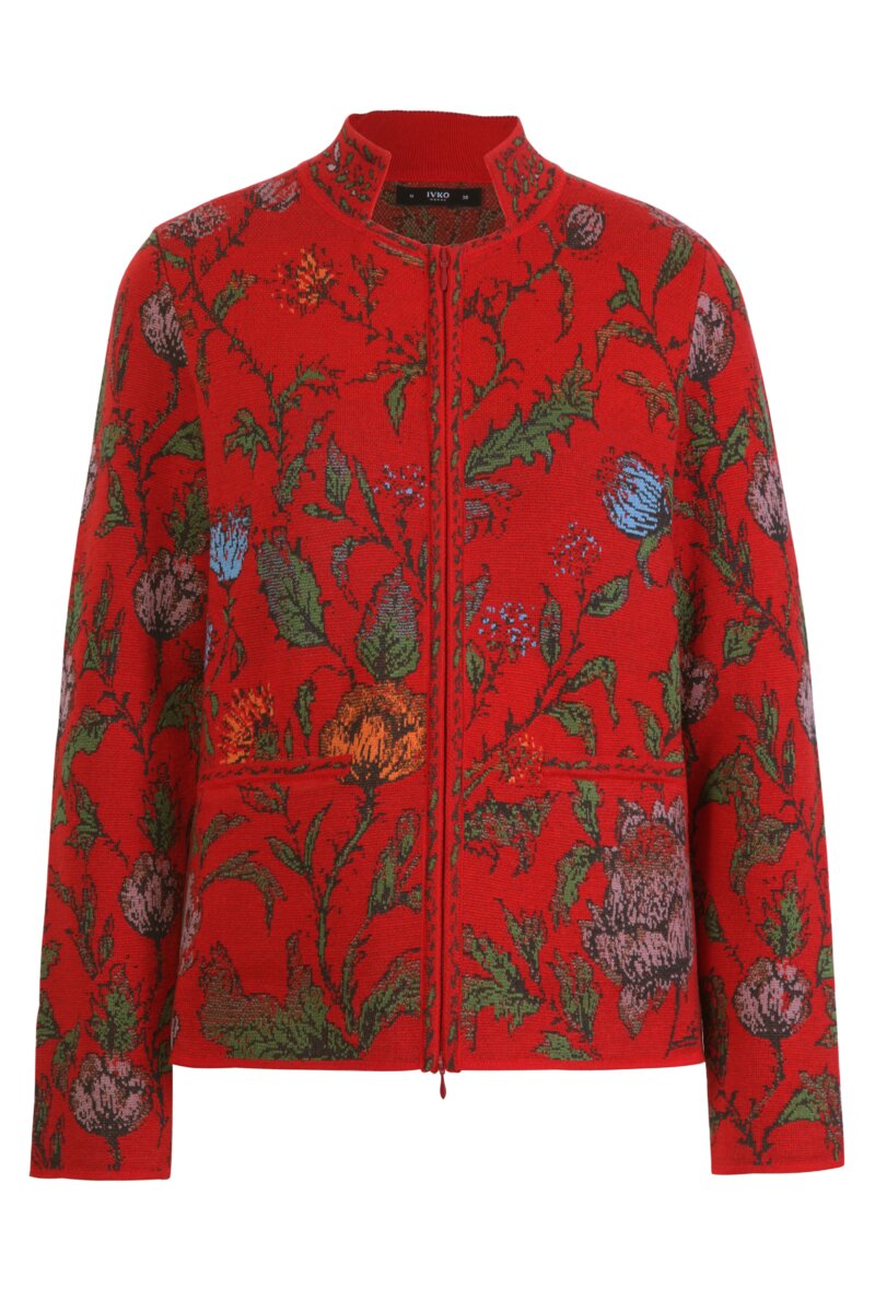Jacquard Bomber Jacket, Floral Pattern - Knitted Jackets - Ivko Woman