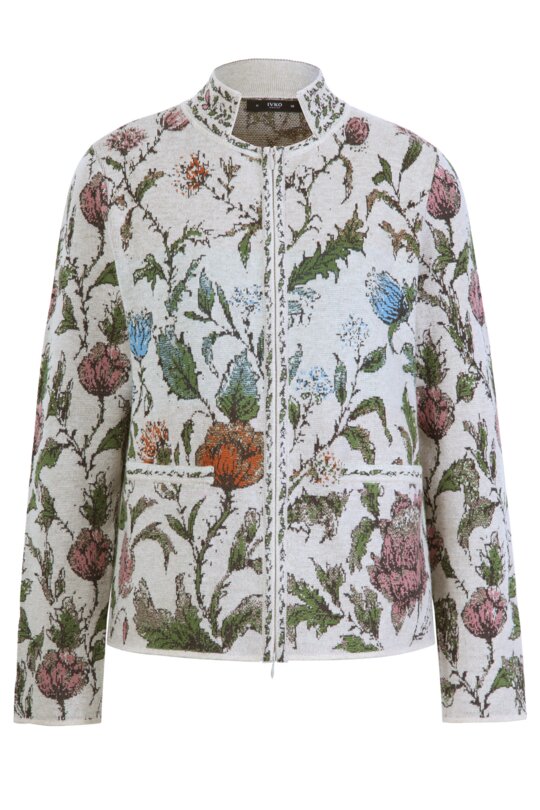 Jacquard Jacket, Floral Pattern - Knitted Jackets - Ivko Woman