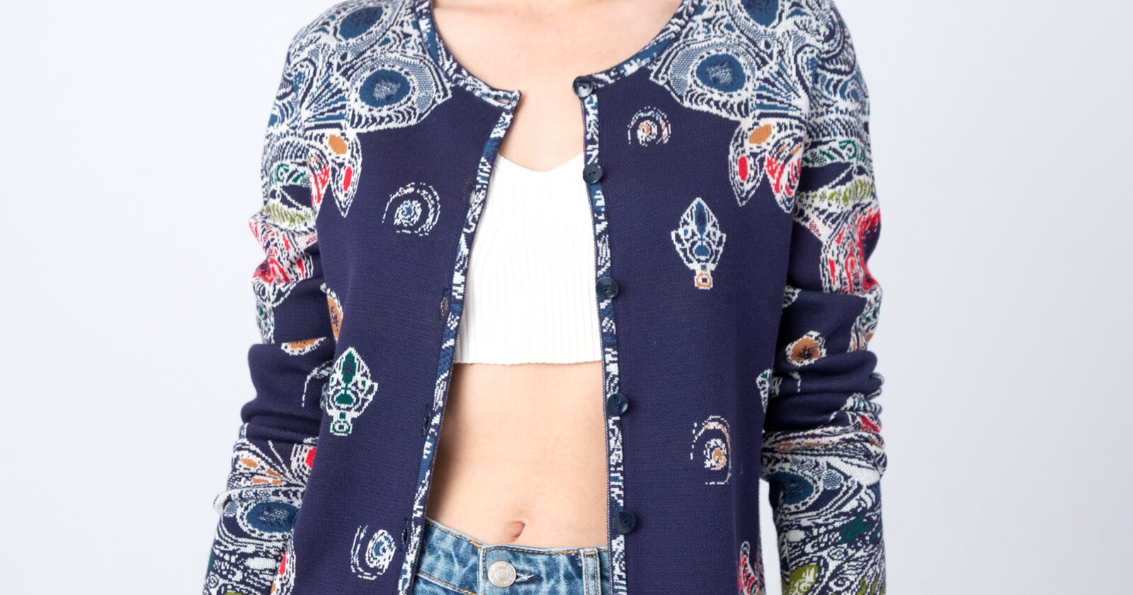 Jacquard Cardigan, Neckless Pattern - Navy - Cardigans - Ivko Woman