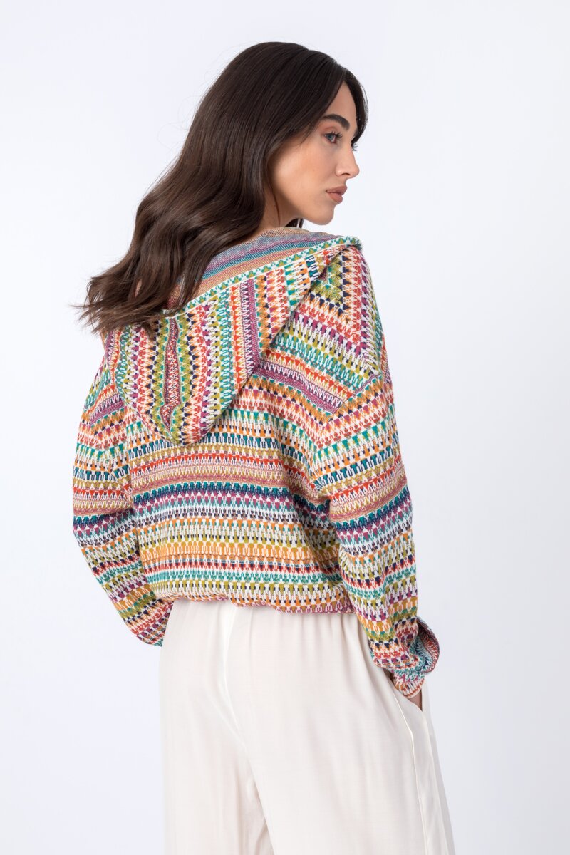 Jacquard Jacket with Hoody, Stripe Pattern - Knitted Jackets