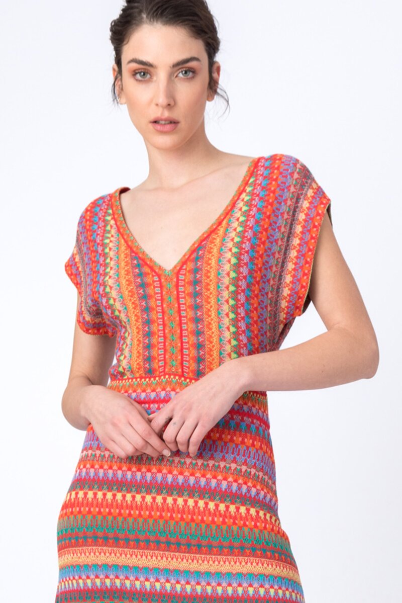 Jacquard Dress, Sleeveless, Stripe Pattern - Dresses - Ivko Woman