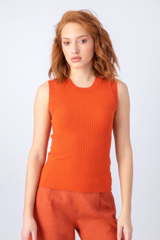 Solid Pullover, Rib Pattern - Orange - Pullovers - Ivko Woman