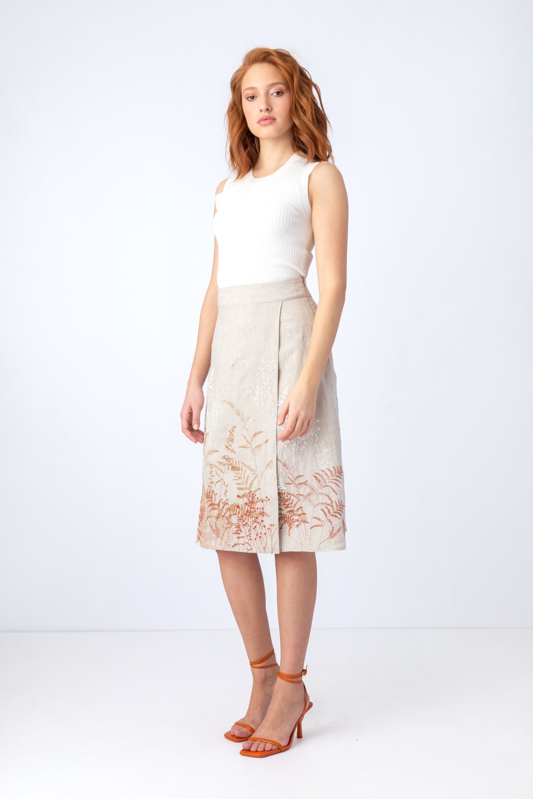 Linen Wrap Skirt with Embroidery, Shadow Pattern
