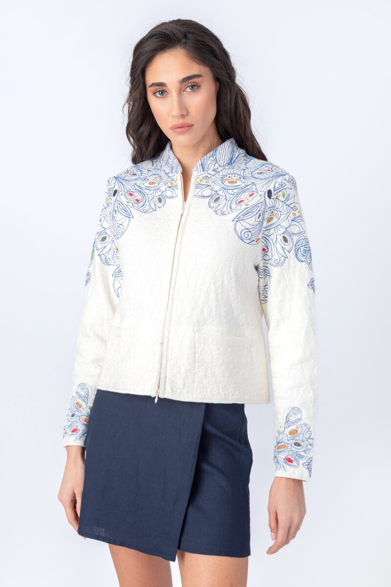 Embroidered Jacket, Neckless Pattern - Off-White - Knitted Jackets 
