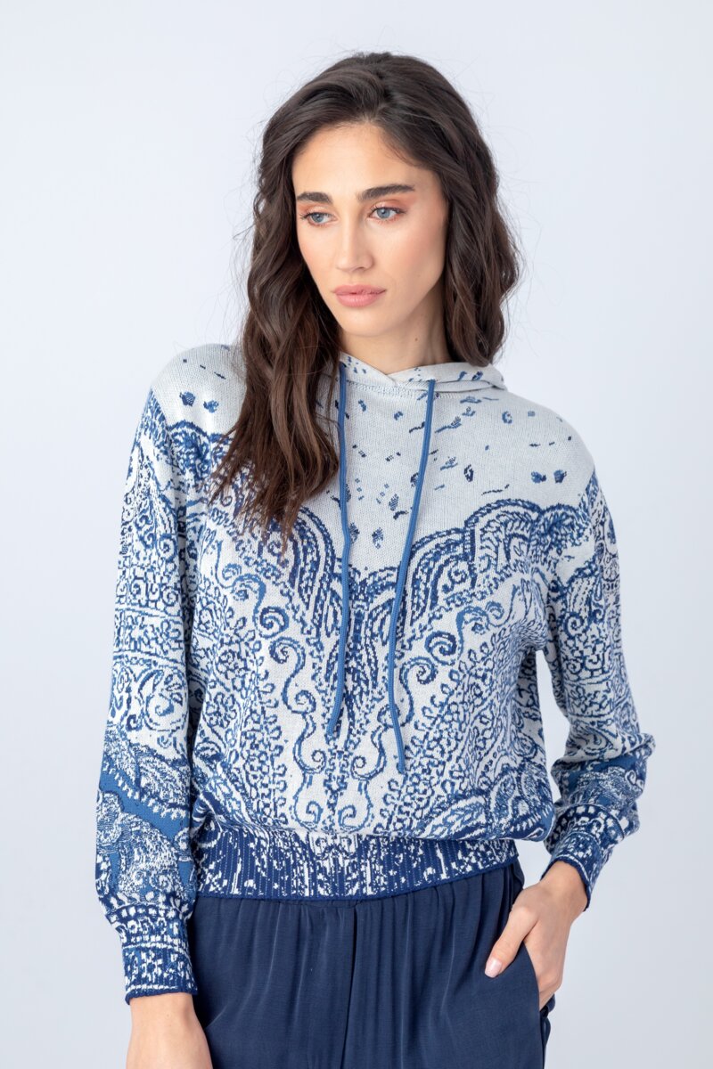 Jacquard Pullover with Hoody Filigree Pattern Pullovers Ivko