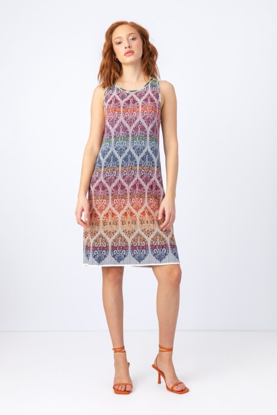 Jacquard Dress, Sleeveless, Retro Pattern - Off-White - Dresses