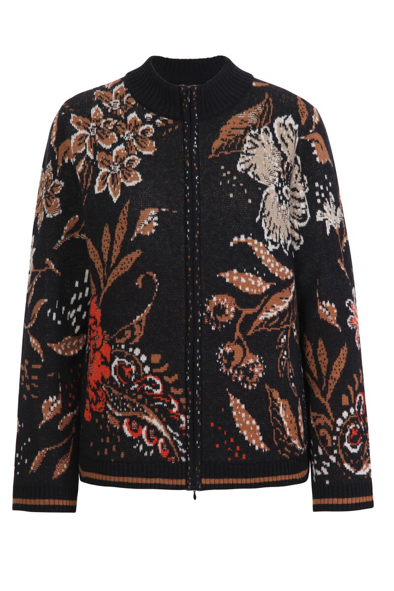 Jacquard Jacket, Ornament Flower - Black - Knitted Jackets