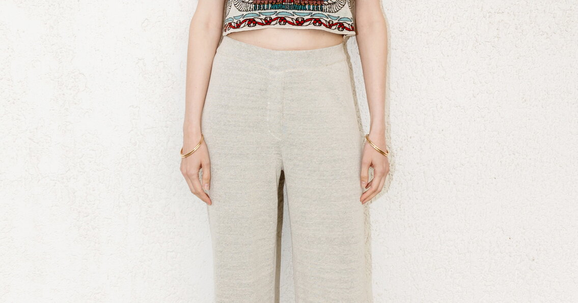 Jacquard Top, Papyrus Motif - Off-White - Knit Top - Ivko Woman