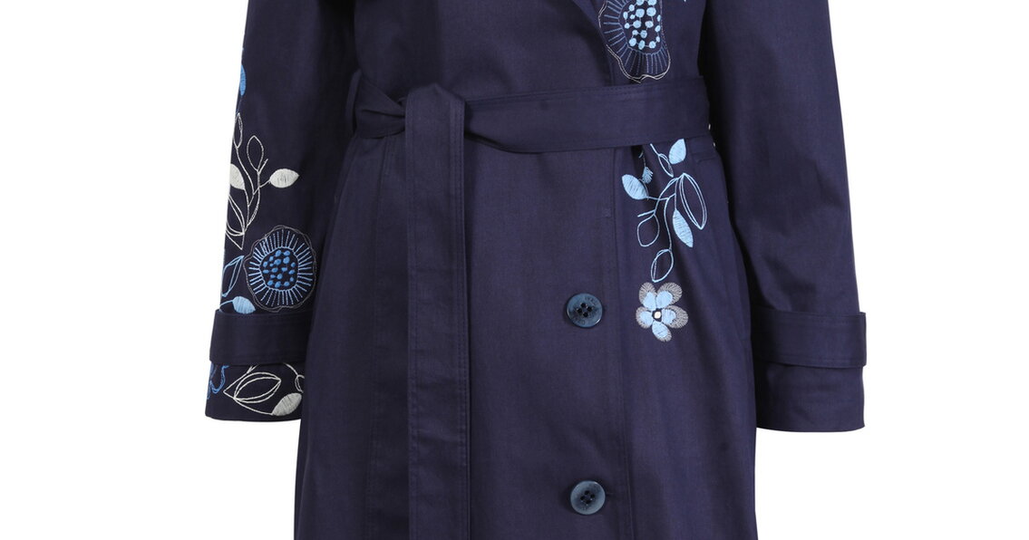 Embroidery Trench Coat, Floral Pattern - Navy - Coat - Ivko Woman