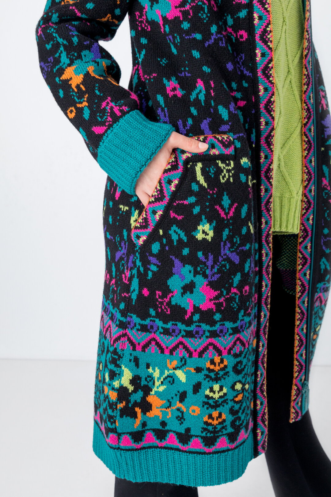 Jacquard Coat, Floral Pattern - Outerwear - Ivko Woman