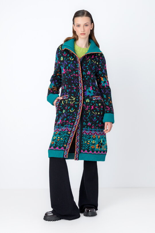 Jacquard Coat, Floral Pattern - Black - Outerwear - Ivko Woman