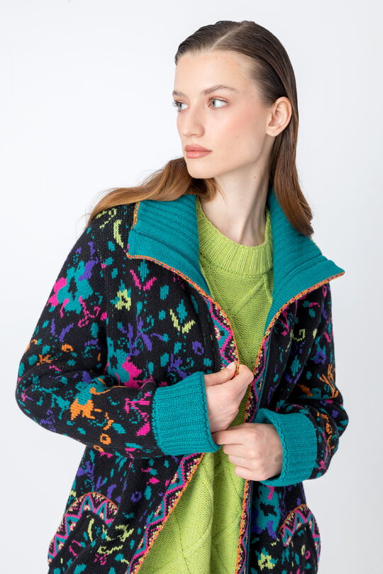 Jacquard Coat, Floral Pattern - Black - Outerwear - Ivko Woman