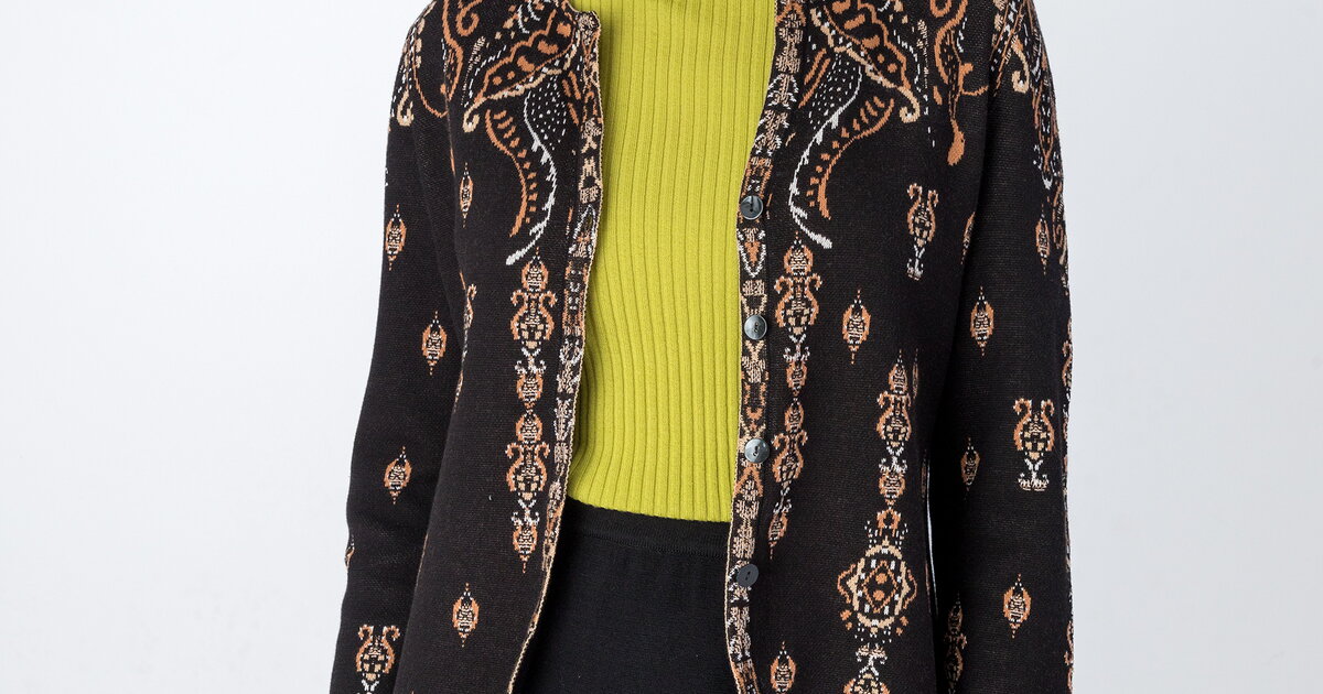 Jacquard Jacket, Ornament Flower - Black - Knitted Jackets