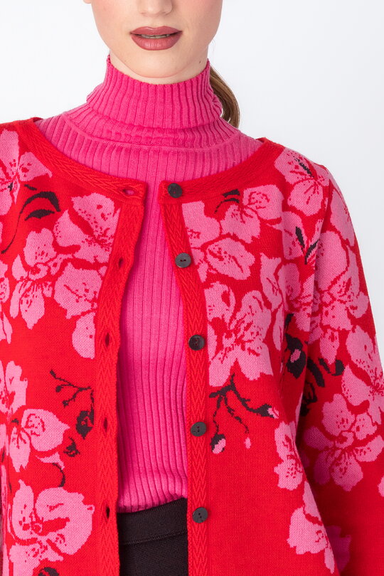 Round Neck Cardigan, Orchid Motive - Red - Cardigans - Ivko Woman