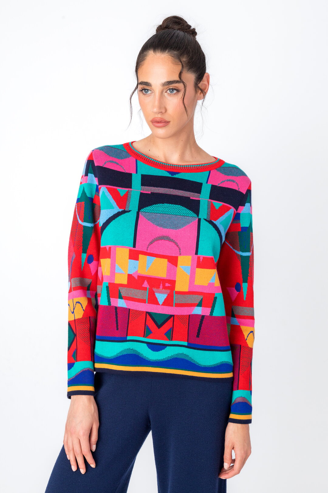 Jacquard-Pullover, Abstraktes Motiv